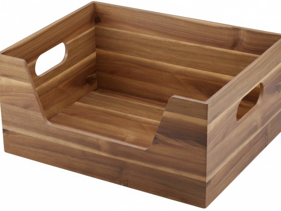 Premium Acacia Wood Open-Front Storage Bin with Integrated Handles